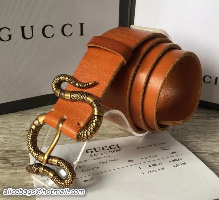 Top Sale Gucci Leather Belt Khaki With Snake Buckle 458935