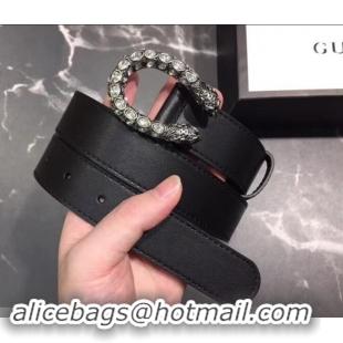 Best Grade Gucci Width 3cm Leather Belt Black with White Crystal Dionysus Buckle 458936