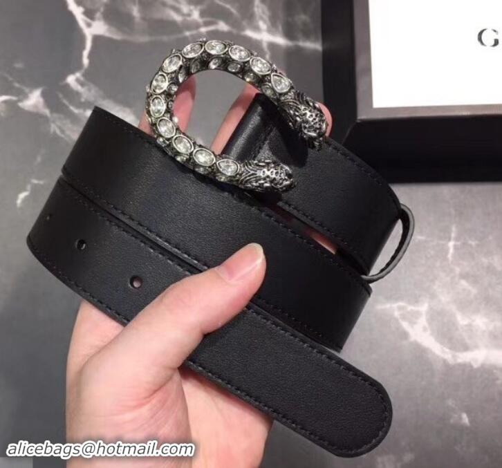 Best Grade Gucci Width 3cm Leather Belt Black with White Crystal Dionysus Buckle 458936