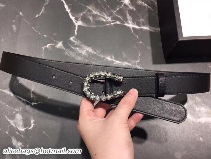 Best Grade Gucci Width 3cm Leather Belt Black with White Crystal Dionysus Buckle 458936