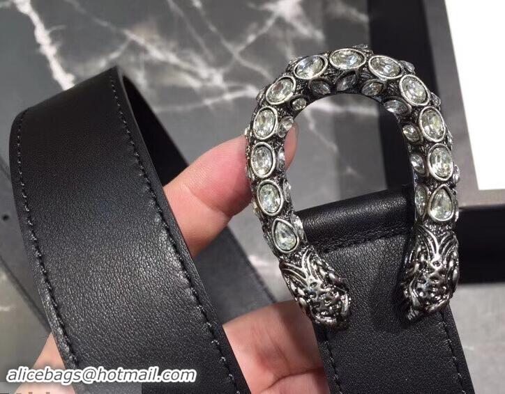 Best Grade Gucci Width 3cm Leather Belt Black with White Crystal Dionysus Buckle 458936