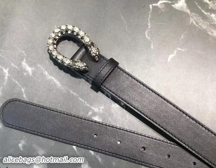 Best Grade Gucci Width 3cm Leather Belt Black with White Crystal Dionysus Buckle 458936