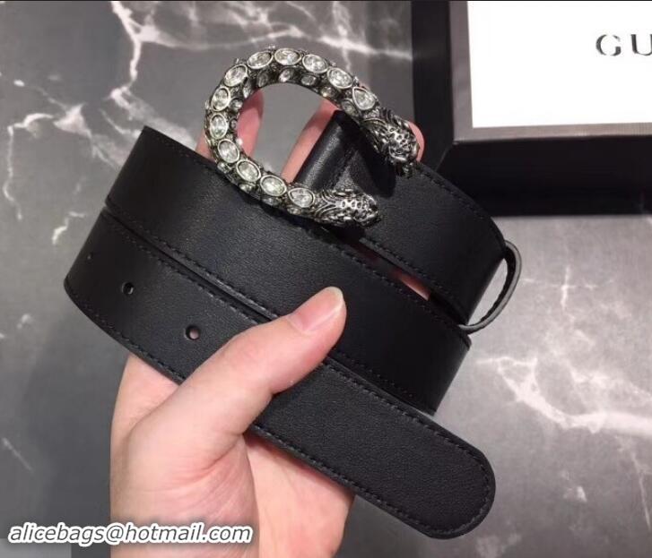 Best Grade Gucci Width 3cm Leather Belt Black with White Crystal Dionysus Buckle 458936