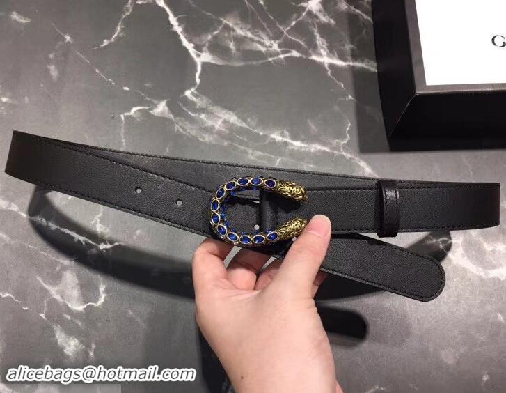 Best Price Gucci Width 3cm Leather Belt Black with Blue Crystal Dionysus Buckle 458936