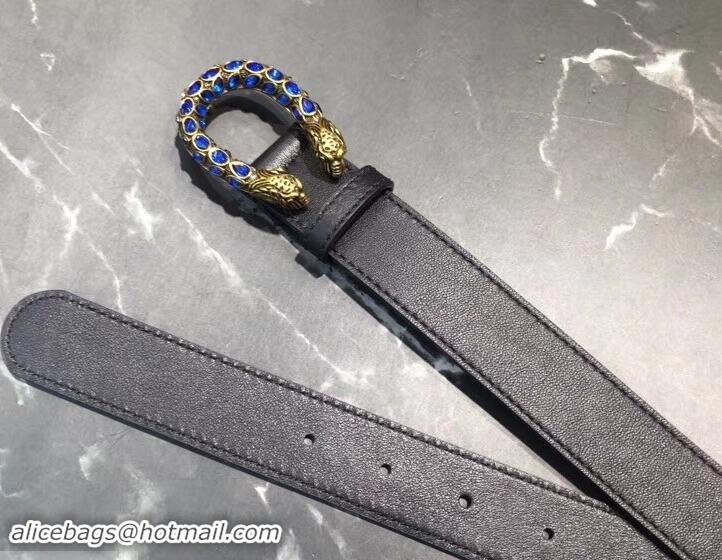 Best Price Gucci Width 3cm Leather Belt Black with Blue Crystal Dionysus Buckle 458936