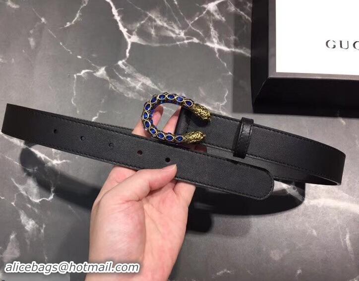 Best Price Gucci Width 3cm Leather Belt Black with Blue Crystal Dionysus Buckle 458936