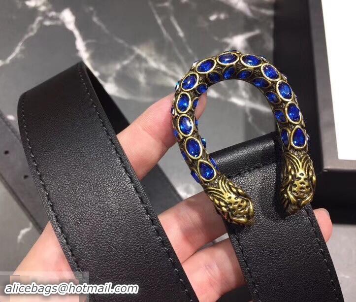 Best Price Gucci Width 3cm Leather Belt Black with Blue Crystal Dionysus Buckle 458936