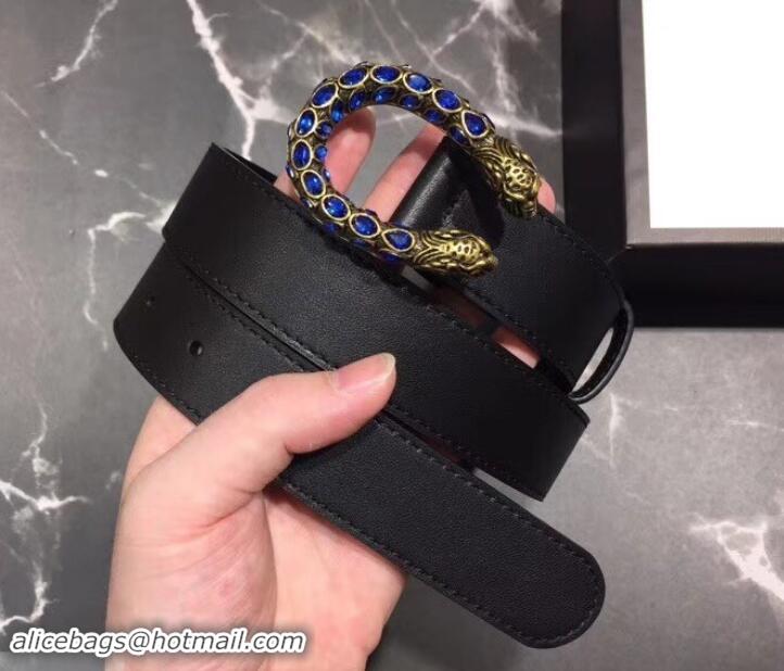 Best Price Gucci Width 3cm Leather Belt Black with Blue Crystal Dionysus Buckle 458936