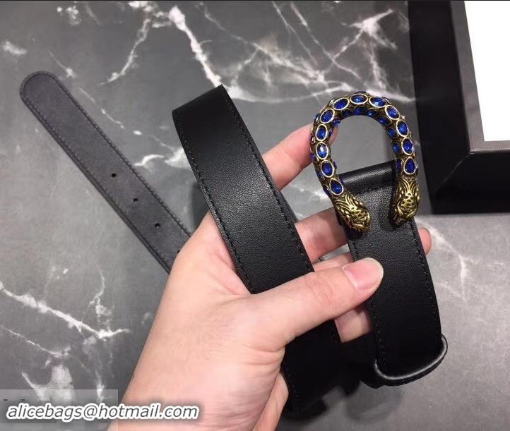 Best Price Gucci Width 3cm Leather Belt Black with Blue Crystal Dionysus Buckle 458936