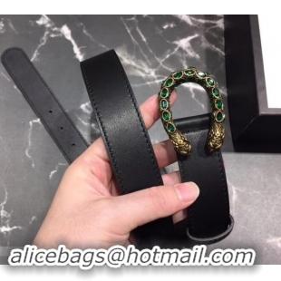 Good Quality Gucci Width 3cm Leather Belt Black with Green Crystal Dionysus Buckle 458938