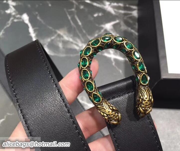 Good Quality Gucci Width 3cm Leather Belt Black with Green Crystal Dionysus Buckle 458938