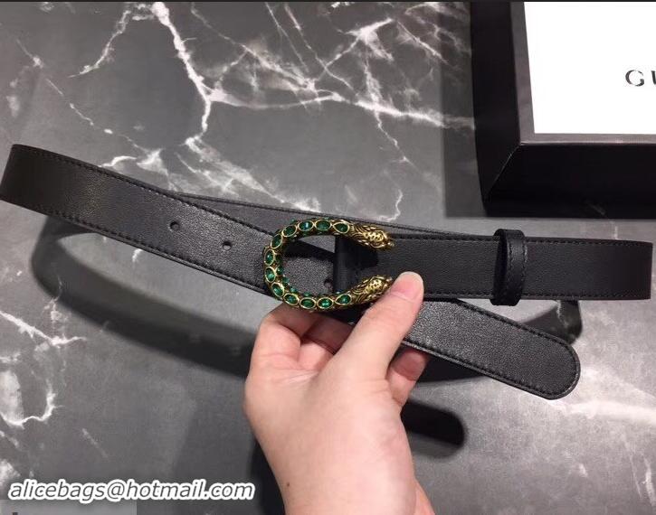 Good Quality Gucci Width 3cm Leather Belt Black with Green Crystal Dionysus Buckle 458938