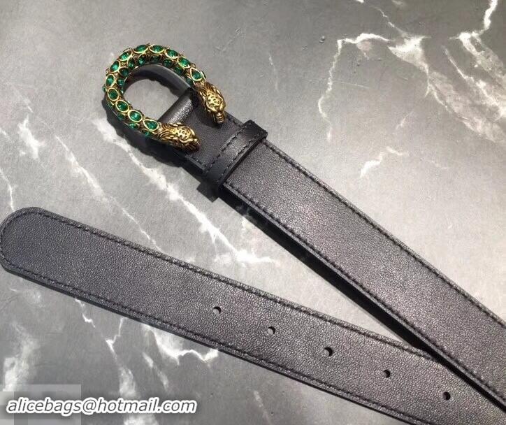 Good Quality Gucci Width 3cm Leather Belt Black with Green Crystal Dionysus Buckle 458938