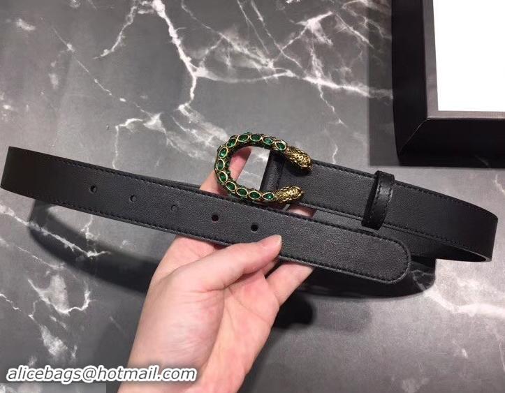 Good Quality Gucci Width 3cm Leather Belt Black with Green Crystal Dionysus Buckle 458938