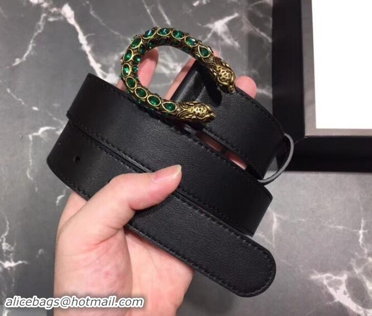 Good Quality Gucci Width 3cm Leather Belt Black with Green Crystal Dionysus Buckle 458938