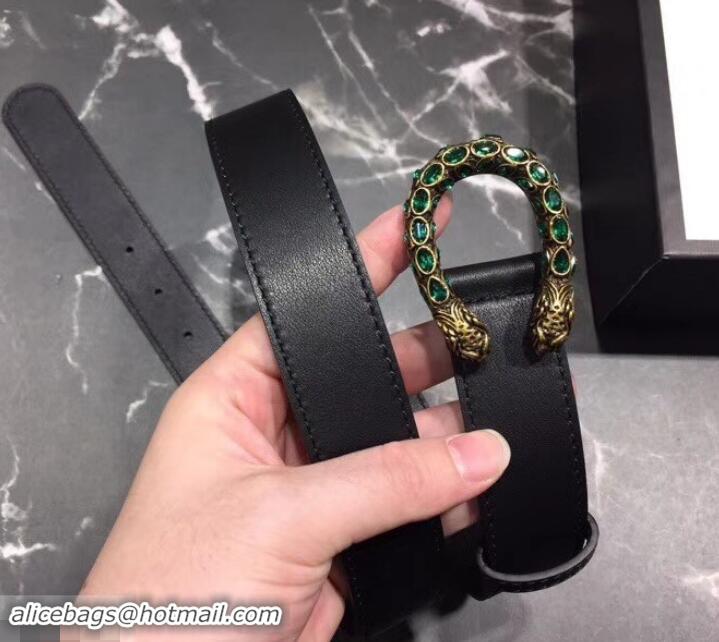 Good Quality Gucci Width 3cm Leather Belt Black with Green Crystal Dionysus Buckle 458938