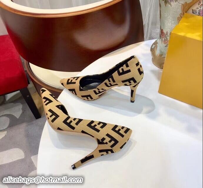 Discount Brand Fendi Heel 9cm FF Logo Pumps F91601 Apricot 2019