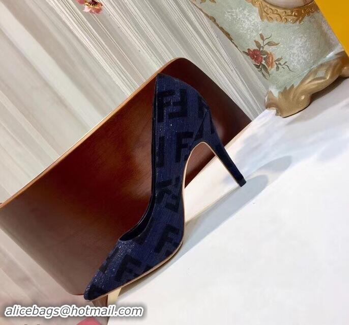 Inexpensive Fendi Heel 9cm FF Logo Pumps F91601 Dark Blue 2019