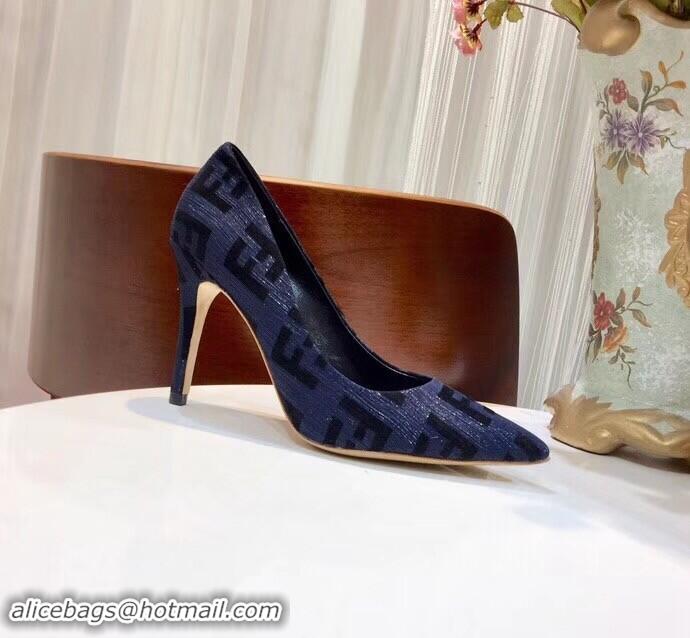 Inexpensive Fendi Heel 9cm FF Logo Pumps F91601 Dark Blue 2019