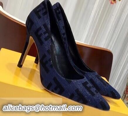 Inexpensive Fendi Heel 9cm FF Logo Pumps F91601 Dark Blue 2019