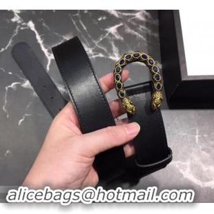 Cheapest Gucci Width 3.5cm Leather Belt Black with Blue Crystal Dionysus Buckle 458940