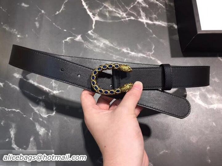 Cheapest Gucci Width 3.5cm Leather Belt Black with Blue Crystal Dionysus Buckle 458940