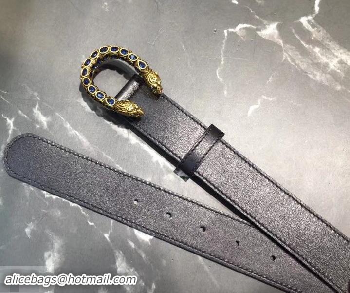 Cheapest Gucci Width 3.5cm Leather Belt Black with Blue Crystal Dionysus Buckle 458940