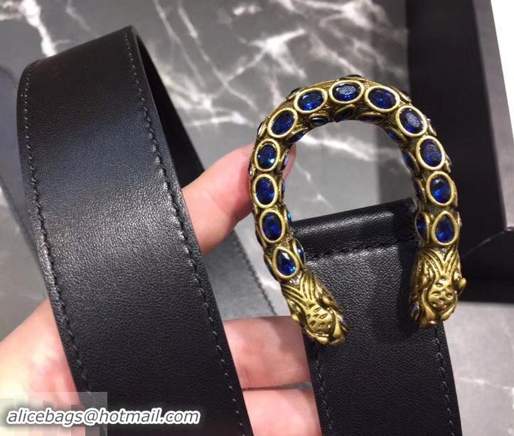 Cheapest Gucci Width 3.5cm Leather Belt Black with Blue Crystal Dionysus Buckle 458940