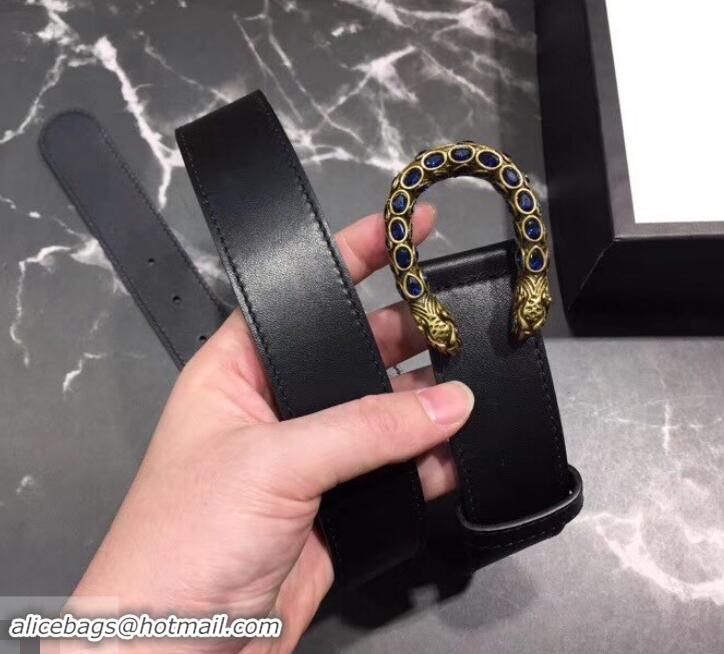 Cheapest Gucci Width 3.5cm Leather Belt Black with Blue Crystal Dionysus Buckle 458940