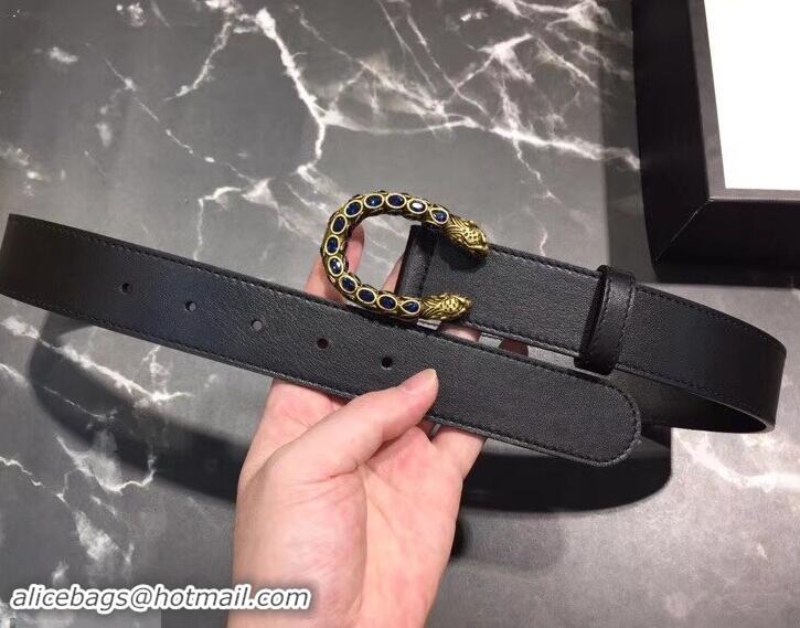 Cheapest Gucci Width 3.5cm Leather Belt Black with Blue Crystal Dionysus Buckle 458940