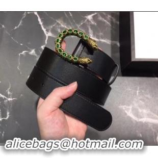 Grade Design Gucci Width 3.5cm Leather Belt Black with Green Crystal Dionysus Buckle 458941