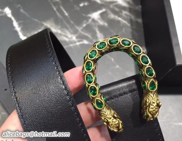 Grade Design Gucci Width 3.5cm Leather Belt Black with Green Crystal Dionysus Buckle 458941