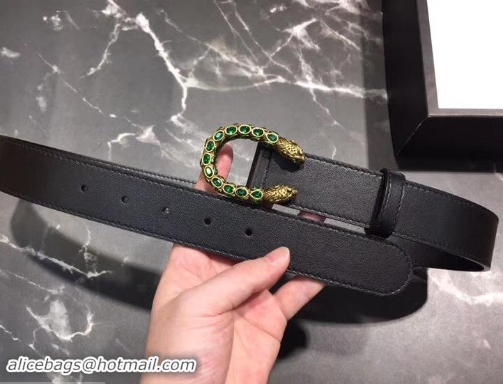 Grade Design Gucci Width 3.5cm Leather Belt Black with Green Crystal Dionysus Buckle 458941