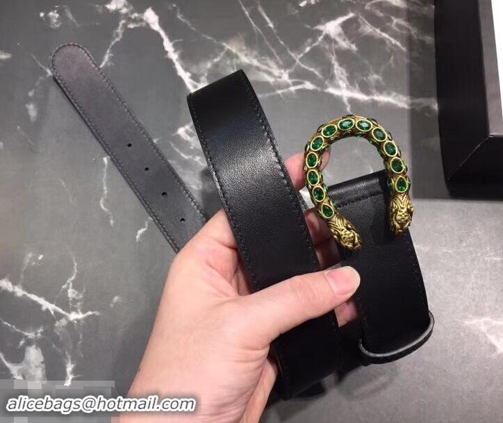 Grade Design Gucci Width 3.5cm Leather Belt Black with Green Crystal Dionysus Buckle 458941