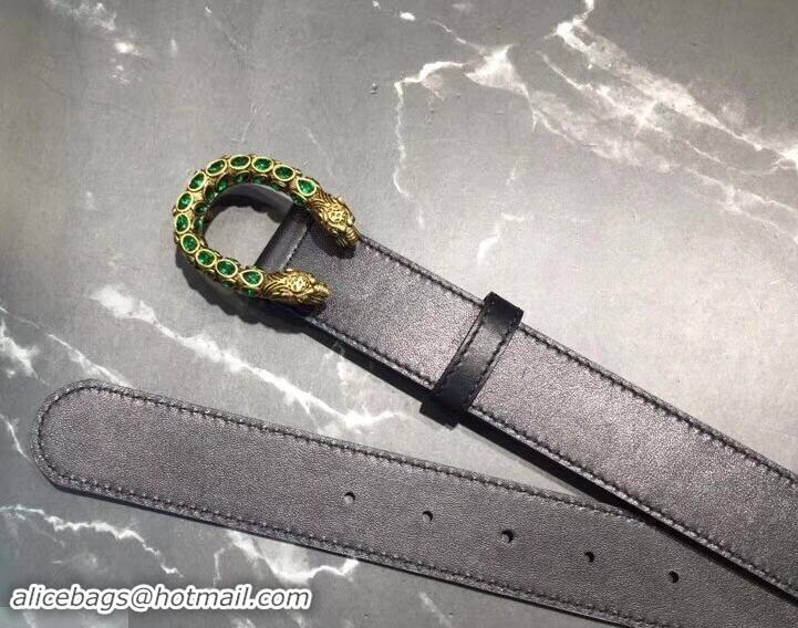 Grade Design Gucci Width 3.5cm Leather Belt Black with Green Crystal Dionysus Buckle 458941