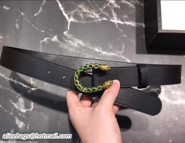 Grade Design Gucci Width 3.5cm Leather Belt Black with Green Crystal Dionysus Buckle 458941