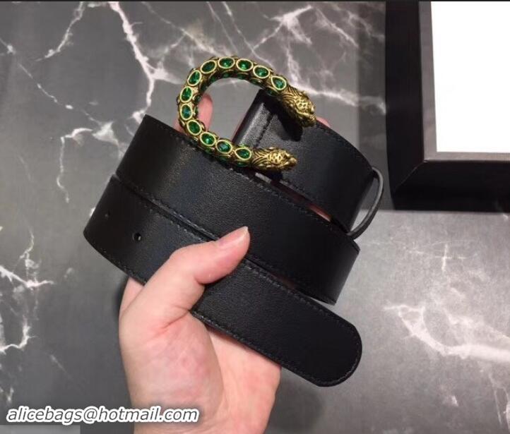 Grade Design Gucci Width 3.5cm Leather Belt Black with Green Crystal Dionysus Buckle 458941