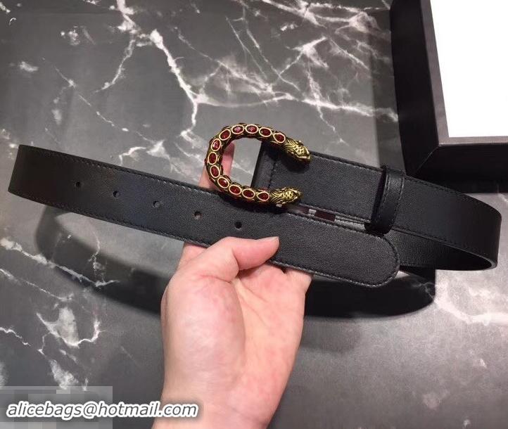 New Fashion Gucci Width 3.5cm Leather Belt Black with Red Crystal Dionysus Buckle 458942