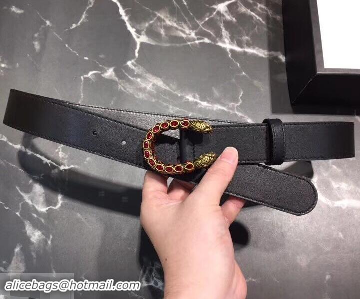 New Fashion Gucci Width 3.5cm Leather Belt Black with Red Crystal Dionysus Buckle 458942