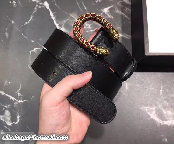 New Fashion Gucci Width 3.5cm Leather Belt Black with Red Crystal Dionysus Buckle 458942