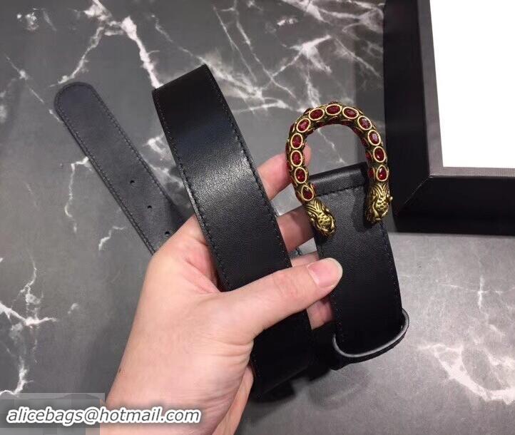 New Fashion Gucci Width 3.5cm Leather Belt Black with Red Crystal Dionysus Buckle 458942