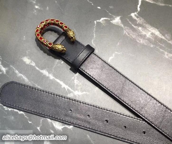 New Fashion Gucci Width 3.5cm Leather Belt Black with Red Crystal Dionysus Buckle 458942