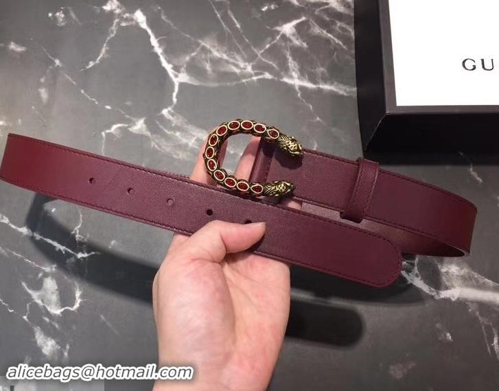 Classic Gucci Width 3.5cm Leather Belt Burgundy with Crystal Dionysus Buckle 458943