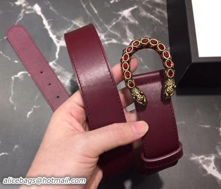 Classic Gucci Width 3.5cm Leather Belt Burgundy with Crystal Dionysus Buckle 458943