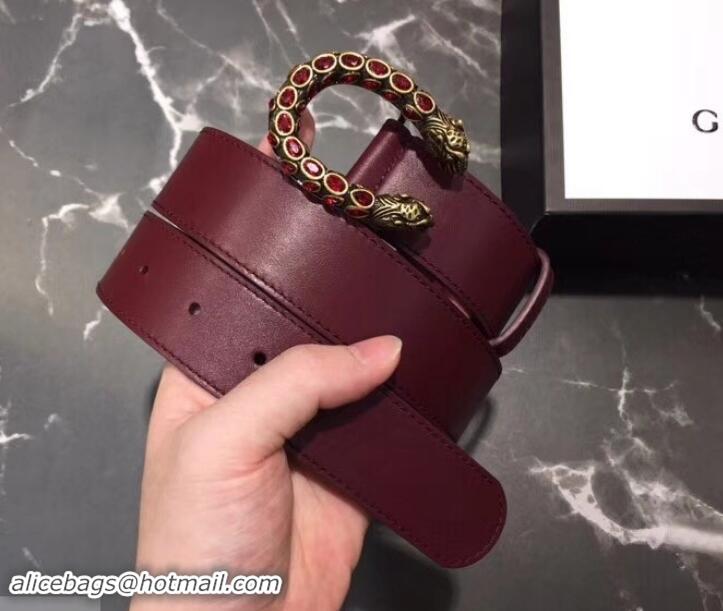 Classic Gucci Width 3.5cm Leather Belt Burgundy with Crystal Dionysus Buckle 458943