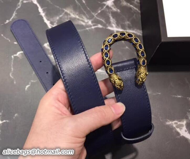 Discount Gucci Width 3.5cm Leather Belt Navy Blue with Crystal Dionysus Buckle 458944