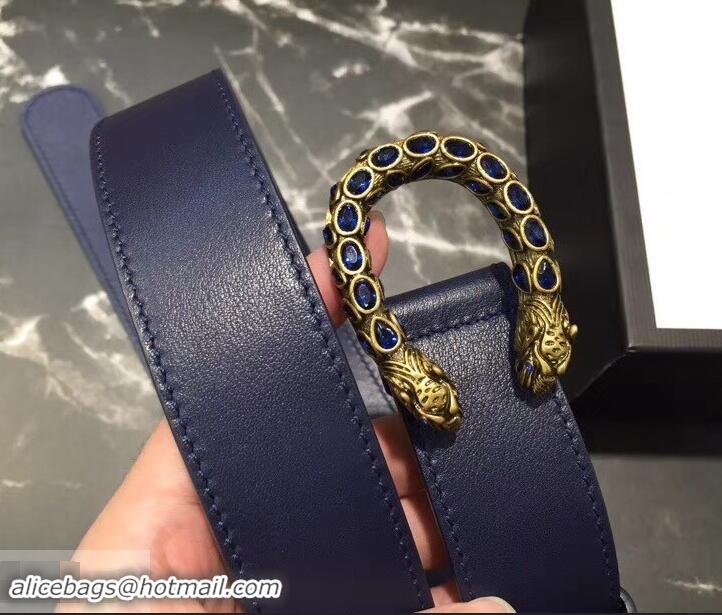 Discount Gucci Width 3.5cm Leather Belt Navy Blue with Crystal Dionysus Buckle 458944