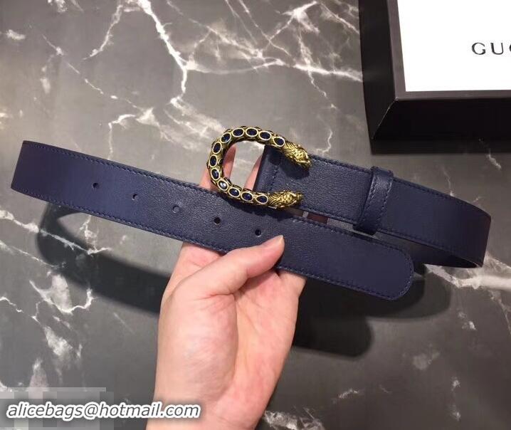 Discount Gucci Width 3.5cm Leather Belt Navy Blue with Crystal Dionysus Buckle 458944