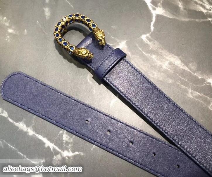 Discount Gucci Width 3.5cm Leather Belt Navy Blue with Crystal Dionysus Buckle 458944