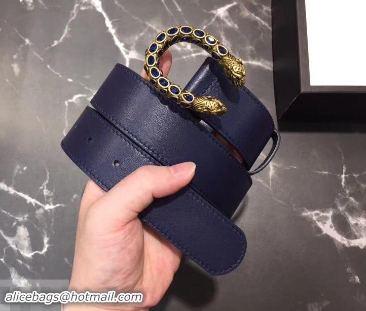 Discount Gucci Width 3.5cm Leather Belt Navy Blue with Crystal Dionysus Buckle 458944